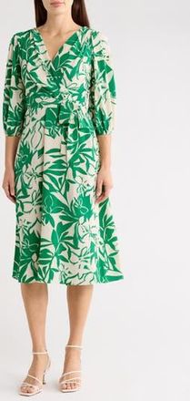 DKNY Balloon Sleeve Faux Wrap Midi Dress in Whitney Botanical at Nordstrom Rack, Size 18 (Similar To 14W)