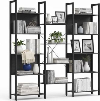 Relaxdays Relaxdays Industrial Bookshelf, 14 Shelves, Wood Effect & Metal, Living Room & Office Shelf, H166xW158xD24cm, Black