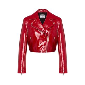 Moschino Leather Jackets, female, Red, Size: XS Patent Leather Biker Crop Jacket