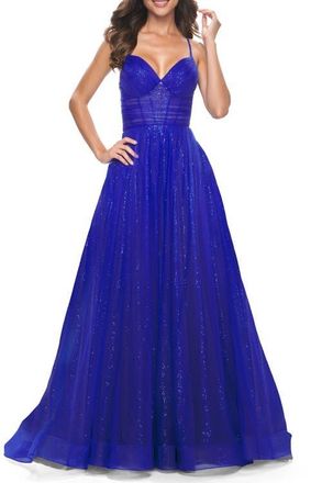 La Femme A-Line Prom Dress with Sequin Lining and Illusion Top in Electric Blue at Nordstrom, Size 00