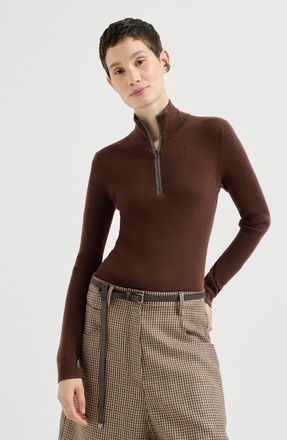 Brunello Cucinelli Virgin wool and cashmere lightweight ribbed turtleneck sweater with precious half zip in Brown at Nordstrom, Size Xxx-Large