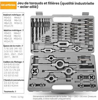 OEM Juego De 44 Machos Y Terrajas M3-m12, Roscas Finas Y Gruesas, Acero De Aleaci&oacute;n Gcr15, Estuche De Transporte - Kit De Roscado