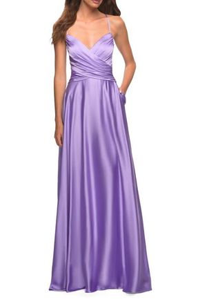 La Femme Bright Satin Gown with Criss-Cross Ruched Top in Lavender at Nordstrom, Size 00