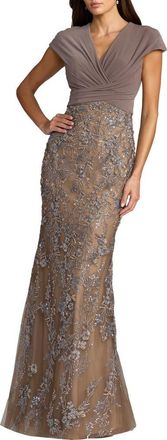 Mac Duggal Jersey Wrap Top Floral Sequin Gown in Taupe Multi at Nordstrom, Size 16