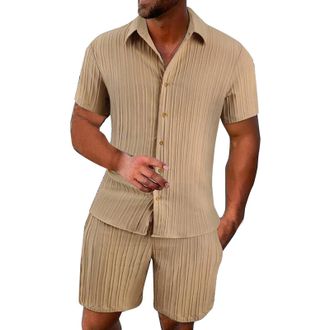 Generic 2-Piece Mens Baggy Summer Sports Suit Plain 2-Piece Short Sleeve Sports Set T-Shirt and Shorts Shirt Short Trousers Pockets Leisure Suit, khaki, XS