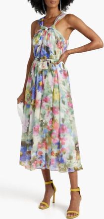 Badgley Mischka Gathered Floral-Print Chiffon Midi Dress In Beige