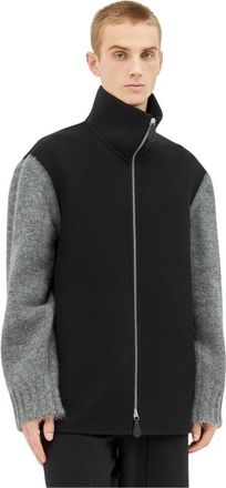 Jil Sander Wollen jas met gebreide mouwen - Heren - Vesten met rits - Zwart - S - Wol - Hoodies & sweatvesten