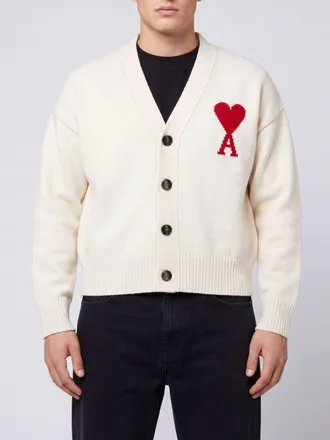 Ami Cardigan in lana con scollo a V e logo a contrasto
