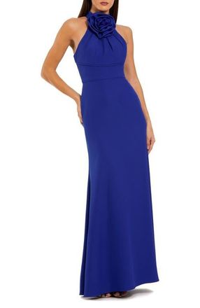 Mac Duggal Flower Halter Neck Crepe Column Sleeveless Gown in Cobalt at Nordstrom, Size 12