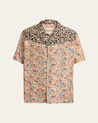 Valentino Garavani Mens Leopard Floral Silk Camp Shirt
