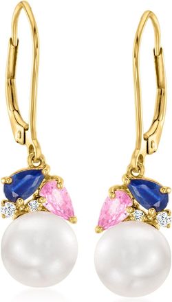 Ross-Simons 7-7.5mm Cultured Pearl and. Multicolored Sapphire Drop Earrings With Diamonds in 18kt Gold Over Sterling
