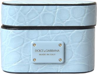 Dolce & Gabbana Light Blue Leather Metal Logo Plaque Airpods Case Caiman Accessory