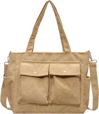 Generic Vintage Multi Pocket Corduroy Handbag Large Capacity Womens Shoulder Bag Casual Crossbody For Women Commuting(Khaki)