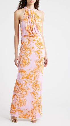 Black Halo Elowen Floral Drape Bodice Gown in Fleur De Peony at Nordstrom, Size 12