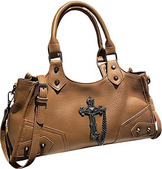 Generic Womens Vintage Shoulder Bag, Soft PU Crossbody Bag, Featuring Cross and Rivet Embellishments, Adjustable Strap, Applies to Everyday Travel (Brown,34.5