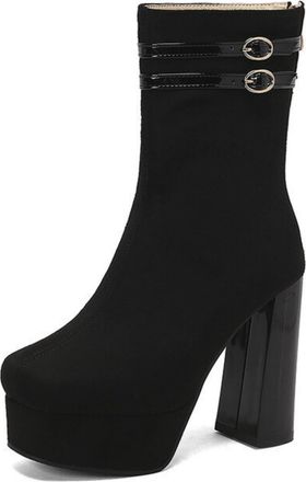 Generic Womens Block High Heel Platform Boots Faux Suede Short Boots with Zipper Round Toe Ankle Boot with Buckle,Black,10.5 UK