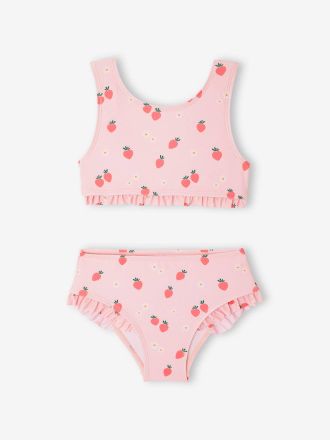 Vertbaudet M&auml;dchen Bikini mit Erdbeeren und Volants rosa