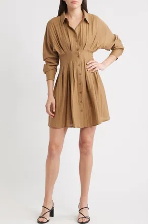 Mila Mae Long Sleeve Pleated Shirtdress in Brown at Nordstrom, Size X-Large