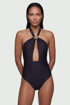 Karen Millen Womens Shell Hardware Halterneck Swimsuit - Black Nylon - Size X-Small
