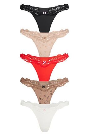 SKIMS Fits Everybody 5-Pack Lace String Thongs in Sketched Hearts Multi at Nordstrom, Size Xx-Small