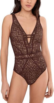 BECCA by Rebecca Virtue Classic Color Play Crochet Plunge One-Piece Womens Swimsuits One Piece Mocha : SM, Nylon/Spandex