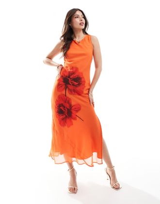 Asos placement print column midi dress in orange floral print-Multi