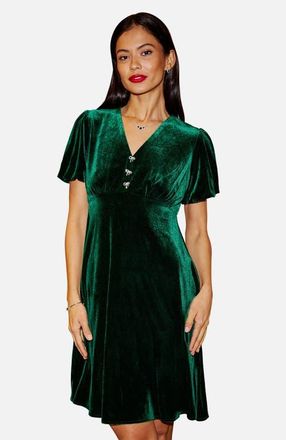 Yumi Velvet Diamante Detail Skater Dress in Green at Nordstrom, Size 12