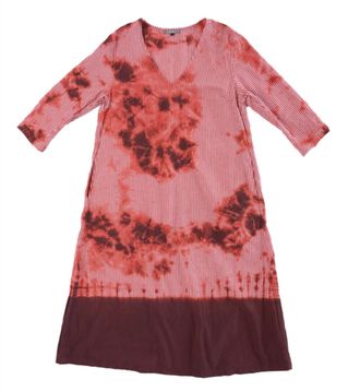 Suzusan Womens Cotton Gingham Check 3/4 Sleeve V Neck Dress In Bordeaux / Red