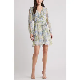 Chelsea28 Floral Ruffle Trim Long Sleeve Chiffon Minidress in Blue- Green Floral at Nordstrom Rack, Size Medium