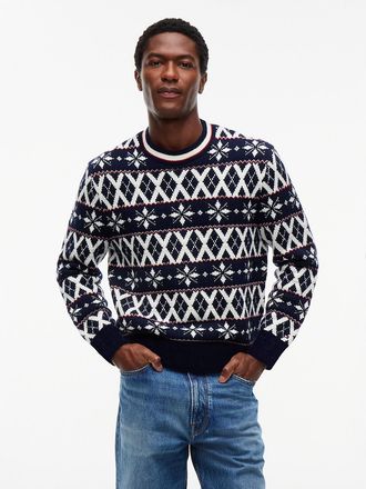 Tommy Hilfiger Mens Fair Isle Wool-Blend Crewneck Sweater - Blue Ivory - L