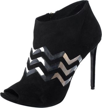 Nicholas Kirkwood Black Suede And Pvc Chevron Peep Toe Ankle Booties
