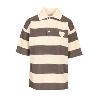 Ami Embroidered Striped Knitted Cotton Polo - female - Ami Paris - Polo Shirts - Multicolor - M - Tops
