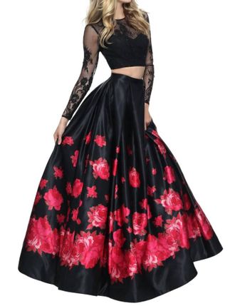 Sherri Hill Two-Piece Floral Prom Dress In Black/red Print