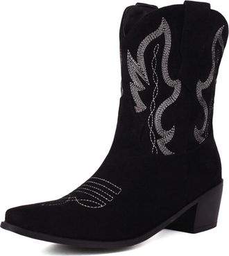 Generic Womens Western Cowboy Boots in Suede Fabric with Rhinestone Embroidery Pointed Toe Block Heels Vibrant Color Soft Inner Lining Durable Non-Slip Outsol