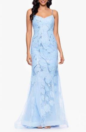 Betsy & Adam Embellished Floral Appliqu&eacute; Mermaid Gown in Light Blue at Nordstrom Rack, Size 12