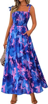 PrettyGarden Womens Summer Dresses Floral Sleeveless Smocked Maxi Dress Boho Spaghetti Strap A Line Flowy Beach Long Sundress, Royal Blue, XL