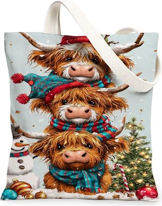 Generic Highland Cow Canvas Tote Bags, Cute Animal Pattern Reusable Grocery Bags, Winter Lightweight Washable Shoulder Strap for Tr, Blue, 13x15 Inch