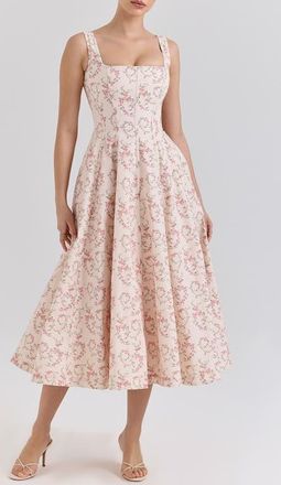 House of CB Mariabella Lace-Up Stretch Cotton Midi Dress in Vintage Floral Cream at Nordstrom, Size X-Small