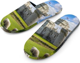 Generic Sheep England Castle Flannel Mens Slip-on Slippers Winter Warm House Shoes with Rubber Sole for Home Hotel