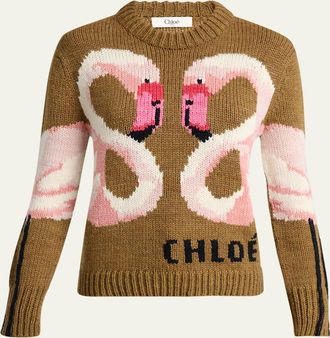 Chlo&eacute; Flamingo Wool Knit Crewneck Sweater