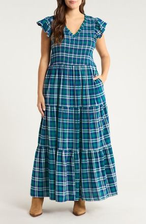 Sugarlips Buckley Plaid Sunfire Smocked Cotton Tiered Maxi Dress in Navy-Green at Nordstrom, Size 3 X