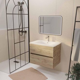 Aurlane Aurlane - Mueble de baño 70 Decorado Roble 2 Cajones Lavabo blanco y Espejo led 70x50