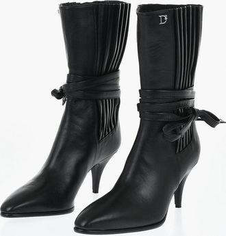 Dsquared2 Stivaletti in Pelle con Dettagli Plissettati e Laccetti Laterali Tacco 7cm Dsquared2