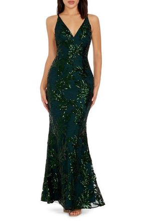 Dress The Population Sharon Embellished Lace Evening Gown in Pine Multi at Nordstrom, Size X-Small