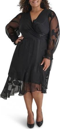 DKNY Long Sleeve Surplice Neck Dress in Black at Nordstrom Rack, Size 14W