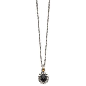 Diamond2Deal Sterling Silver with 14K Accent Checkerboard-cut Black Onyx Pendant Necklace