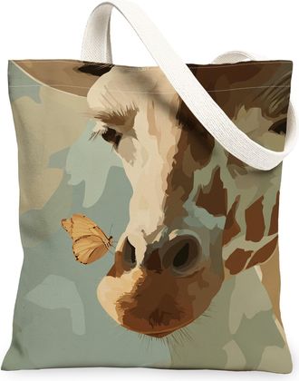 Generic Artistic Animal Canvas Tote Bags, Vintage Giraffe and Butterfly Design Reusable Grocery Bags, Lightweight Washable Shoulder, Beige, 13x15 Inch