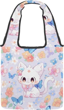 Generic Cute Cartoon Kitten Reversible Canvas Shoulder Tote - Double-Sided Print, 12oz Cotton, 27cm Drop, Fold-Flat Bag for Travel, Shopping, Street Outings
