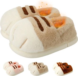 Generic Cozy Claw Slippers, Plush Cat Paw Slippers, Warm Fluffy Cartoon Cat Paw Slippers (Light khaki, Adult, Women, 7.5, Numeric Range, UK Footwear Size Syst
