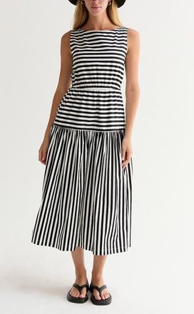 Crescent Cotton Blend Gathered Stripe Midi Dress in White/black at Nordstrom, Size X-Small